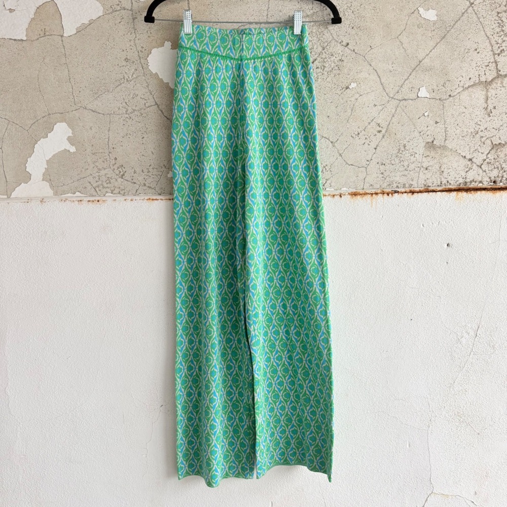 Suncoo Paris Pants Jacquard Knit Wide Leg Geometric Trousers Green Blue Retro XS